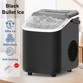 Ice Maker with A Handle On The Countertop. It Can Make 9 Bullet-shaped Ice Cubes In 6 Minutes, with A 24-hour Ice-making Capacity Of 26 Pounds. It Is Equipped with An Automatic Cleaning Function And Comes with An Ice Basket And An Ice Scoop.