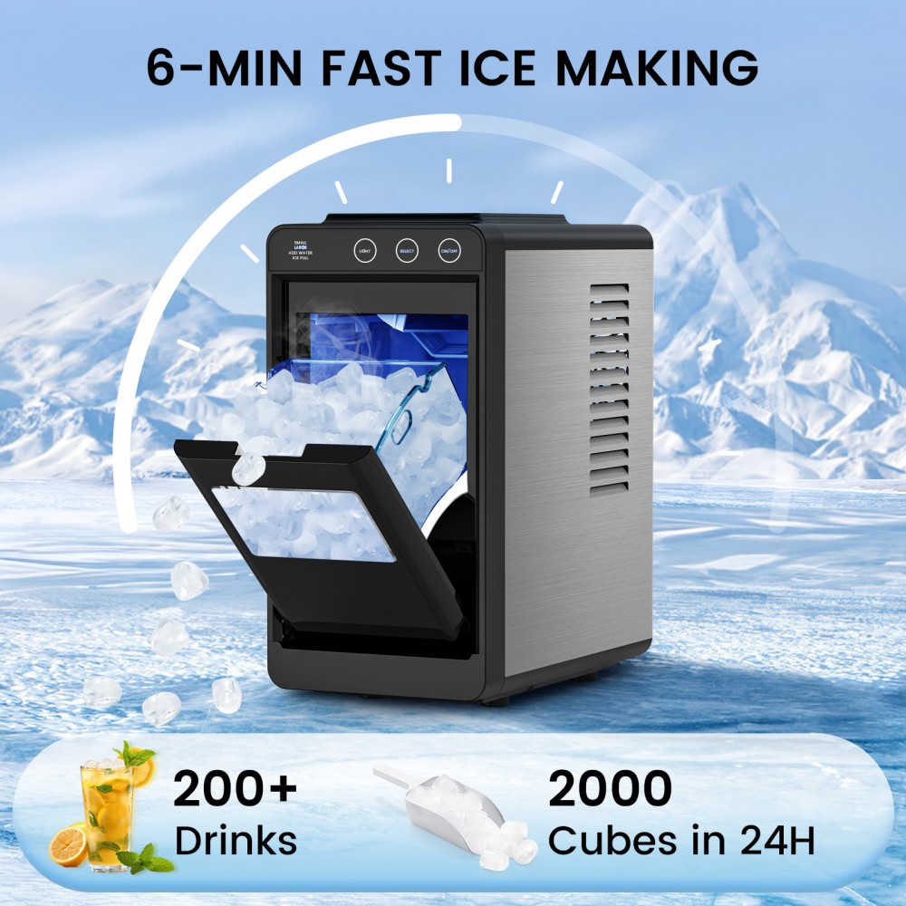 Ice Maker Countertop, Portable Ice Machine with Self-Cleaning, 26 lbs/ 24Hrs, 8 Cubes in 6 Mins, Quiet Compact Ice Maker for Home, Kitchen, RV, Camping, Ice Maker with Handle
