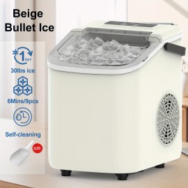 Ice Maker with A Handle On The Countertop. It Can Make 9 Bullet-shaped Ice Cubes In 6 Minutes, with A 24-hour Ice-making Capacity Of 26 Pounds. It Is Equipped with An Automatic Cleaning Function And Comes with An Ice Basket And An Ice Scoop.