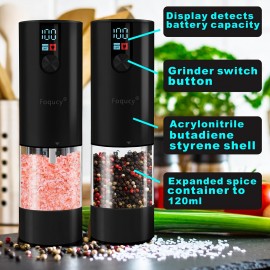 Foqucy-[2-pack] Black electric pepper grinder, power LED display, 4.06oz large capacity, 6-level coarse and fine adjustment, one-handed operation, durable and high-value pepper grinder, suitable for home, kitchen, party, restaurant, barbecue
