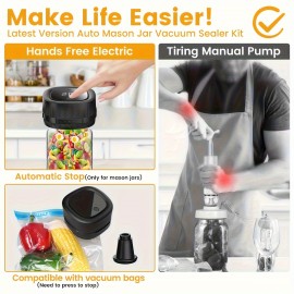 Mason Jar Vacuum Sealer with Vacuum Bags, Suitable for Wide and Regular Mouth Mason Jars, for Storing Dry Goods, Includes 5 Wide and 5 Regular Mouth Mason Lids